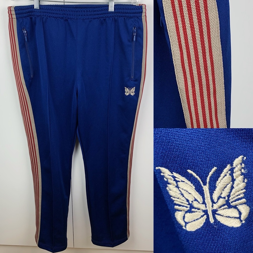 Needles Blue Track Pants with Cream & Red Side Stripes